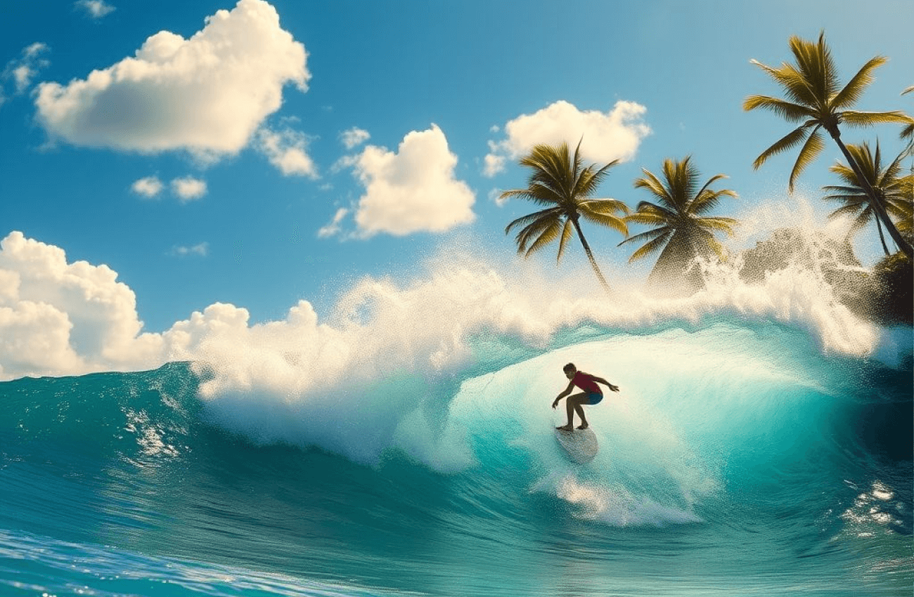 A man riding a wave on a surfboard during his surf trip in Phuket, Thailand