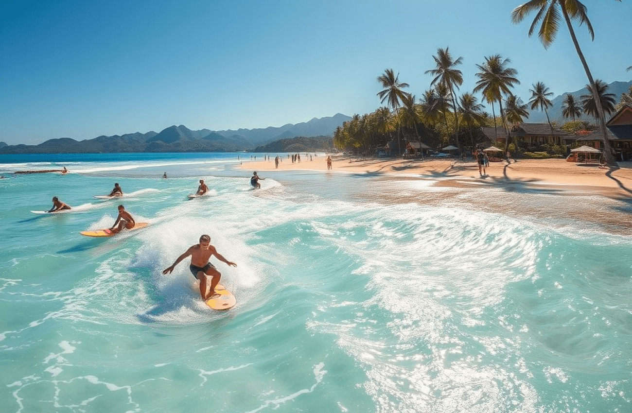 A group of beginners practicing on their boards during a surf school lesson