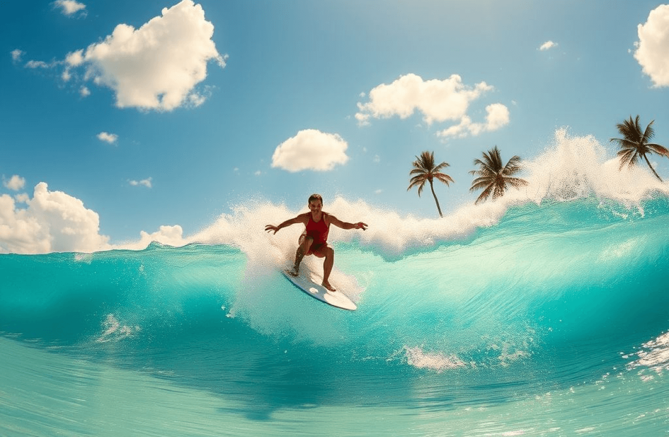 A man glides across a wave on a flight surfboard