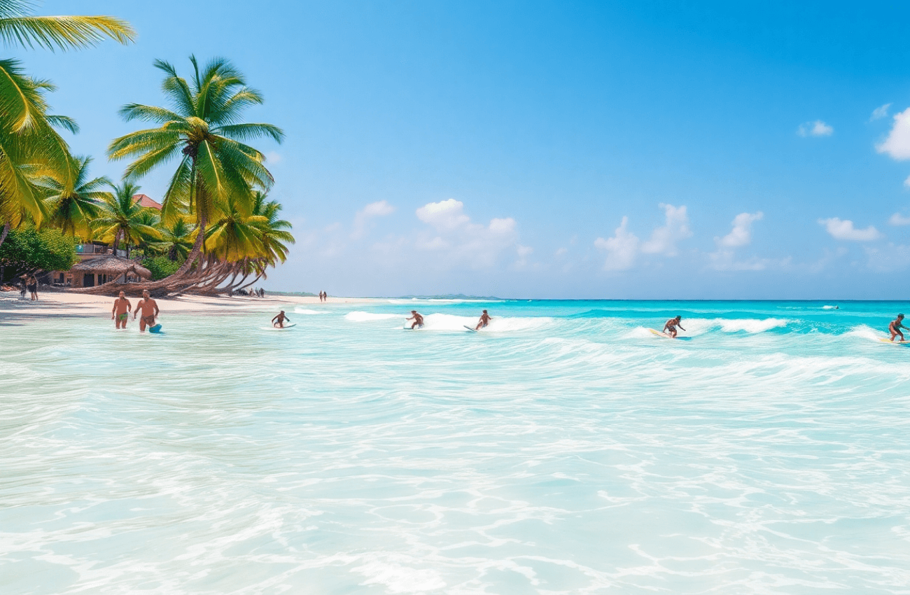 A group of beginners learning to surf in the water near the shore