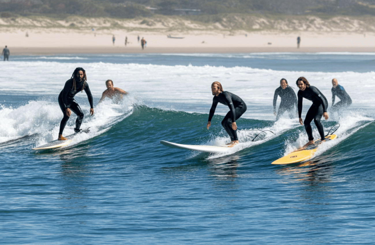 Beginners in the water during a lesson at a surf school