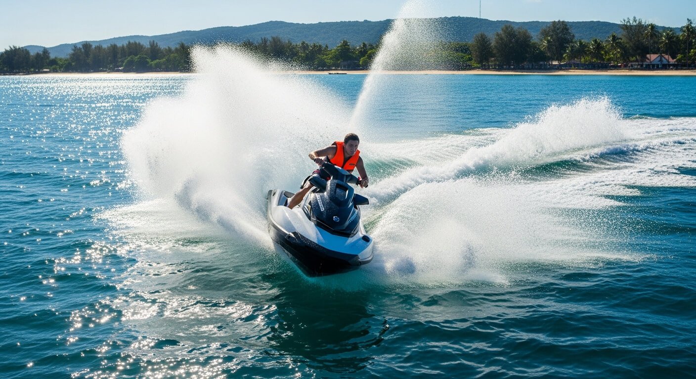 Jet ski rental rider enjoying a jet ski ride on the sea