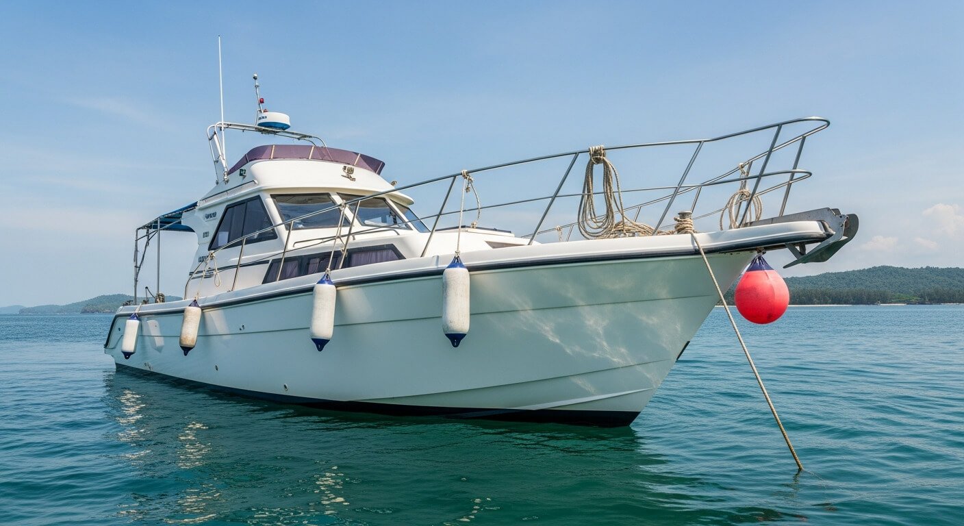 Yachts rental small yacht anchored on calm water