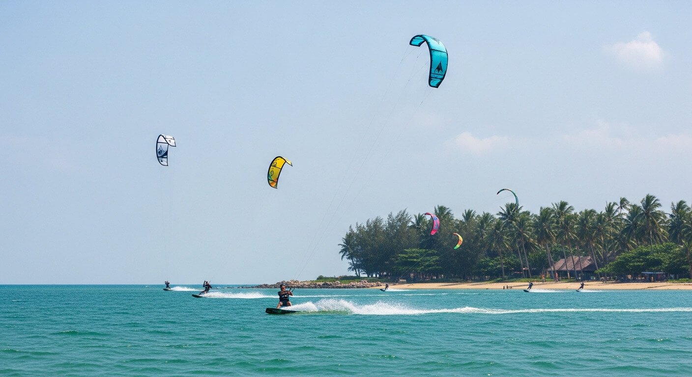 Group of people kitesurfing using rental gear